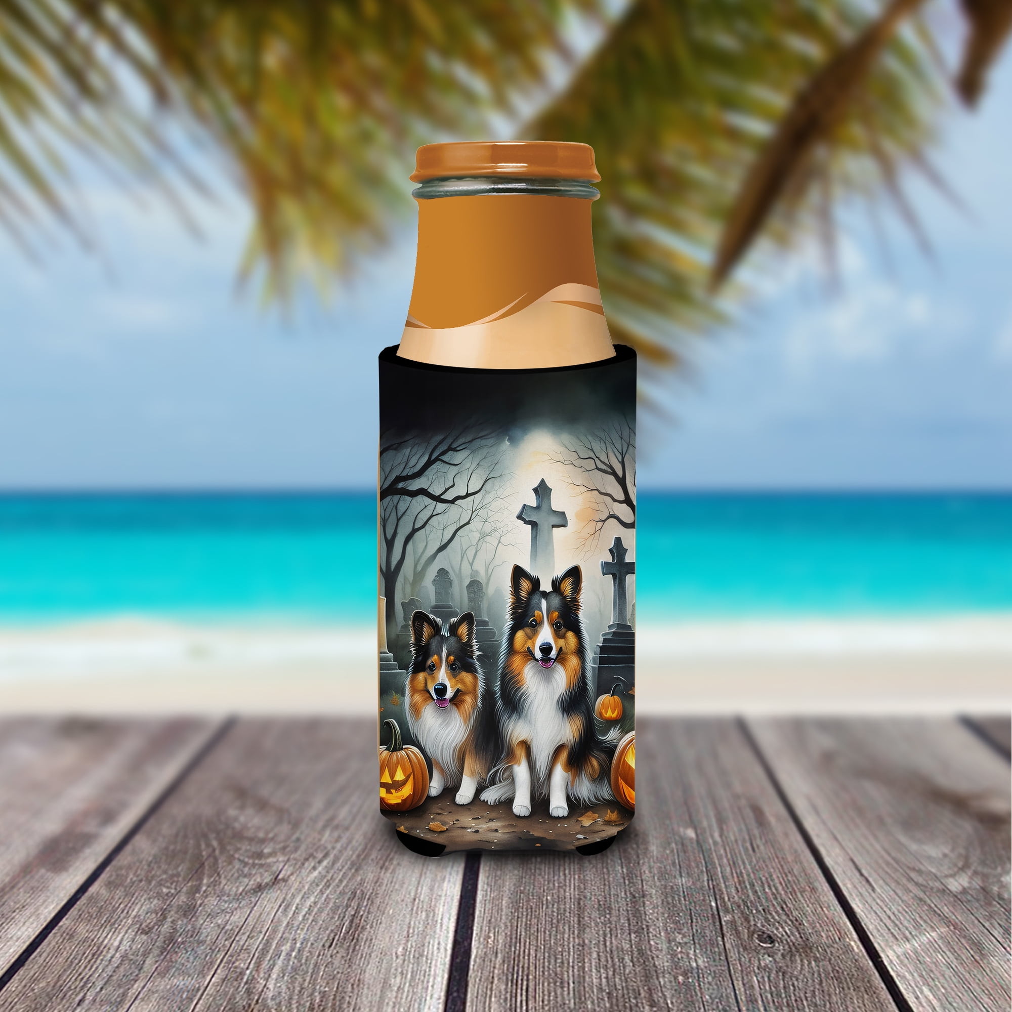 Carolines Treasures  0.25 x 6.5 x 4 in. Sheltie Spooky Halloween Hugger for Ultra Slim Cans
