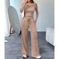thumbnail image 4 of Women'S 2 Piece Matching Lounge Sets Fall Fashion Outfits Henley Neck Sweater Top Wide Leg Pants Sweat Suits Khaki S, 4 of 9
