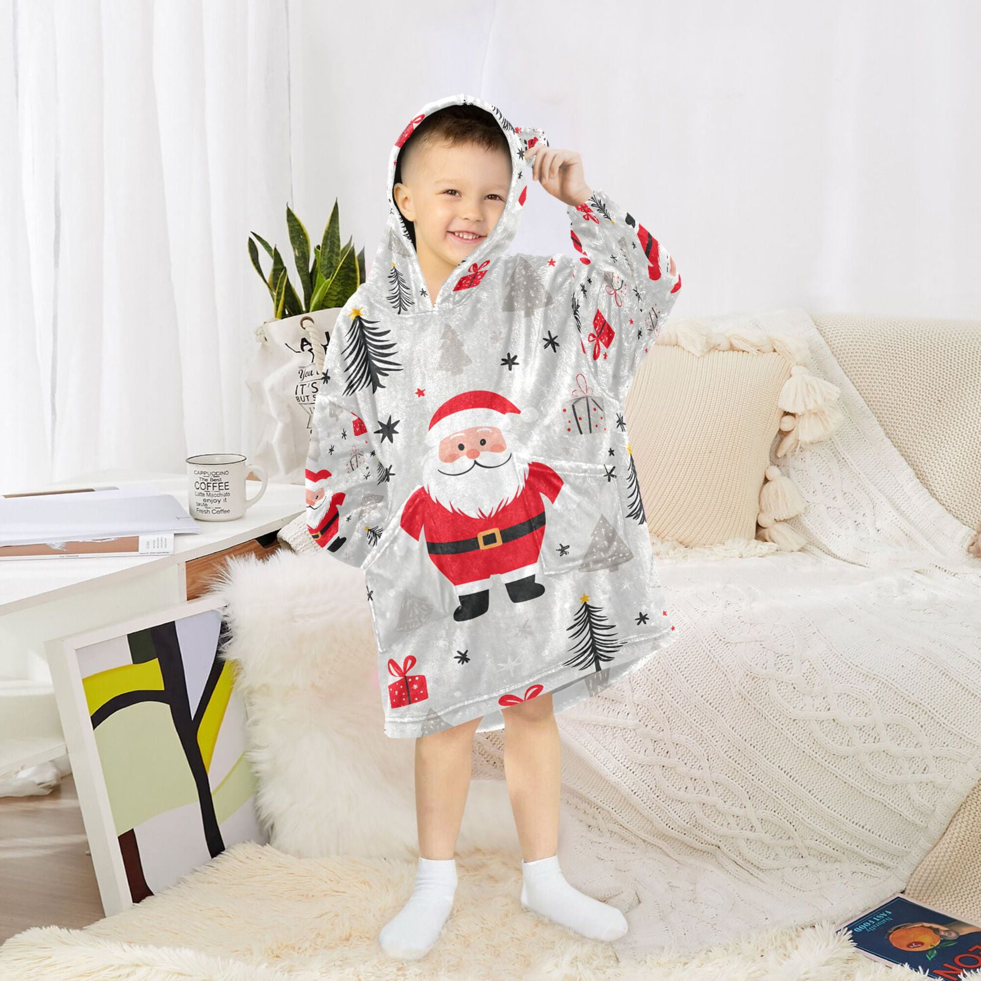 FORMRS Wearable Blanket Hoodie with Sleeves for Kids Cozy Flannel Sweatshirt, Gray Christmas Santa