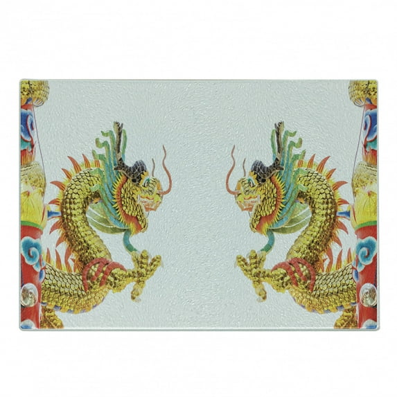Dragon Cutting Board, Chinese Style Dragon Power Oriental Culture Theme, Decorative Tempered Glass Cutting and Serving Board, Small Size, Multicolor, by Ambesonne