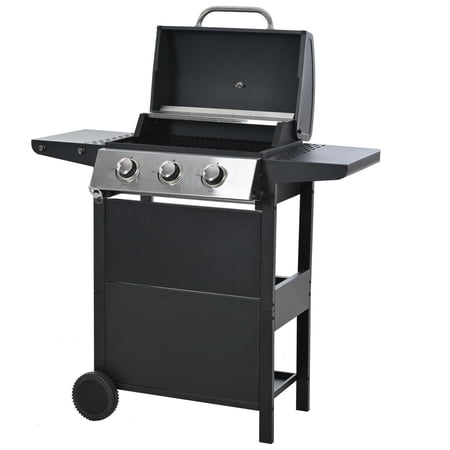 CYBORIS Outdoor BBQ Propane Gas Grill 3 Burner for Barbecue Cooking, Stainless Steel with Lid and Wheels