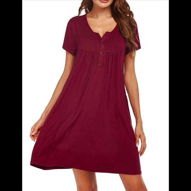 Camisones para Mujer, de Corta, con Bolsillos y Estampado Floral. Rojo Vino S
