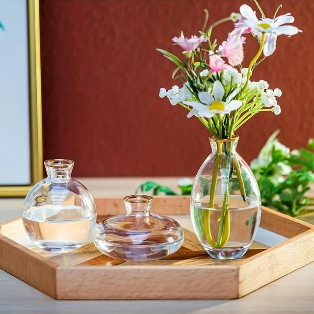 Juego de 3 jarrones de vidrio | Recipientes decorativos transparentes para centros de mesa de boda, oficina, decoración del hogar | Moderno y elegante contenedor de flores | Vidrio resistente