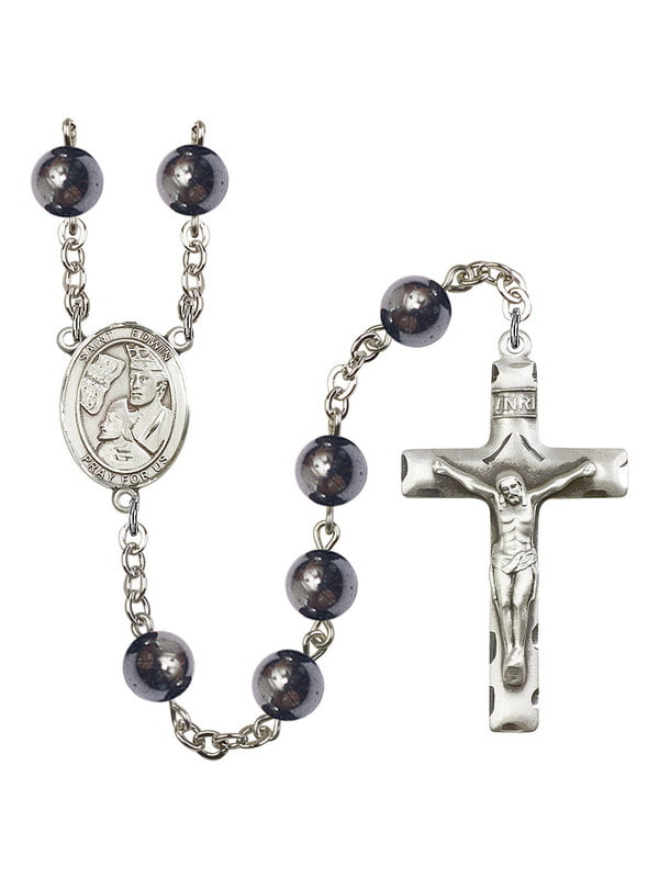 Edwin Center and 1 3/4 x 1 inch Crucifix St Gift Boxed Silver Finish St Edwin Rosary with 8mm Hematite Beads 