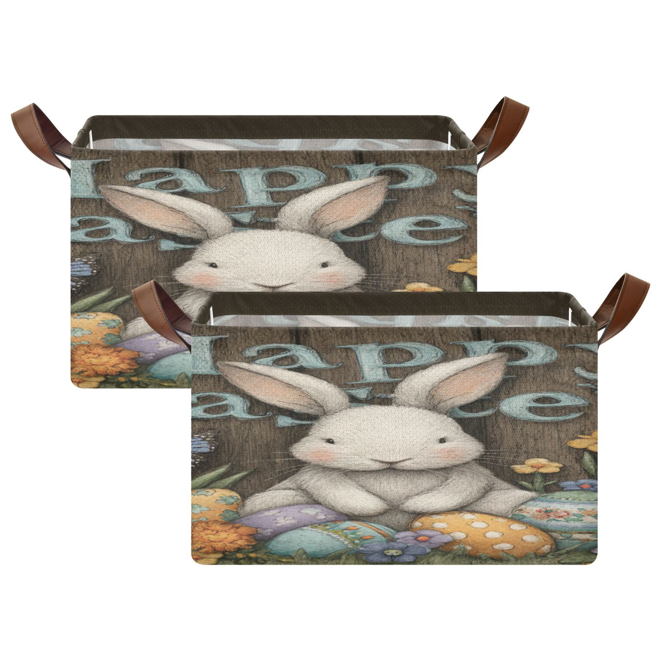 WobogoCute Easter Bunny Storage Basket 16.9×11.4×10in Collapsible Oversized with Metal Iron Frame