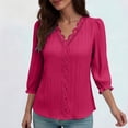 thumbnail image 2 of Hueook Tshirts Shirts for Women Tee Shirt Fashion Women's V-Neck 3/4 Sleeve Casual T-shirt Solid Blouse Hot Pink M, 2 of 5