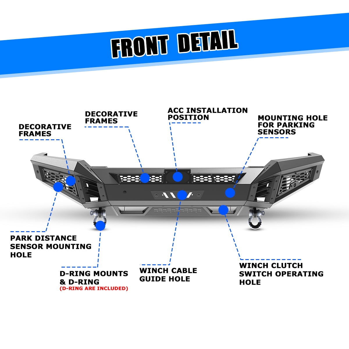 Front Bumper for 2025 Ram 1500,Heavy Duty Steel Full Width Front Bumper with Side Wings A