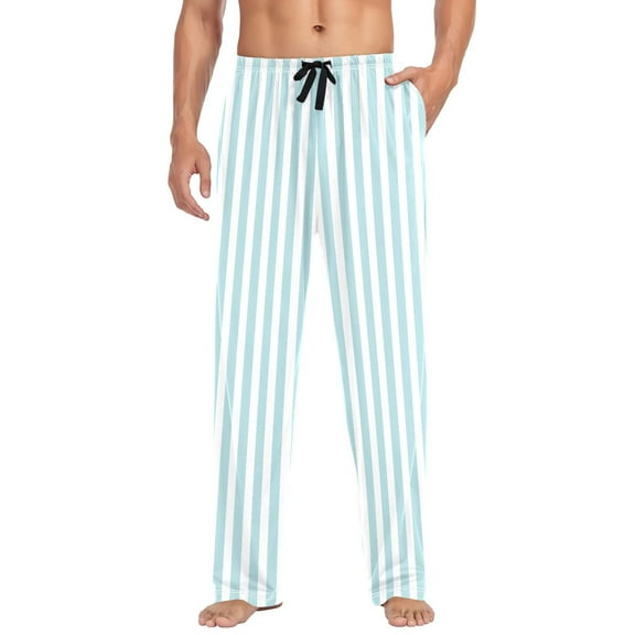 Cotton Mens PJ Pajama Pants Bottoms Waistband Sleepwear with Pockets Water Blue and White Stripes