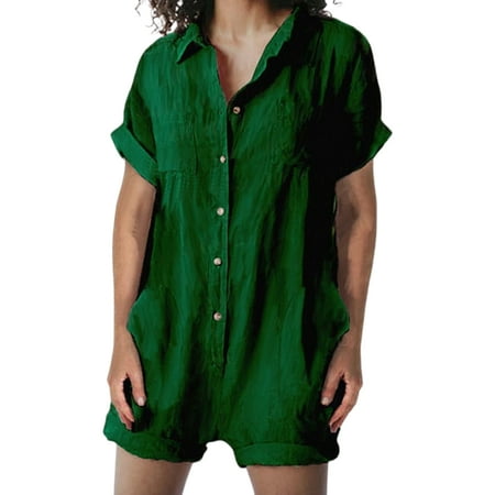 

Avamo Women Jumpsuits Button Down Romper Lapel Neck Shorts Loose Bodysuit Casual Vacation Playsuit Dark Green XL