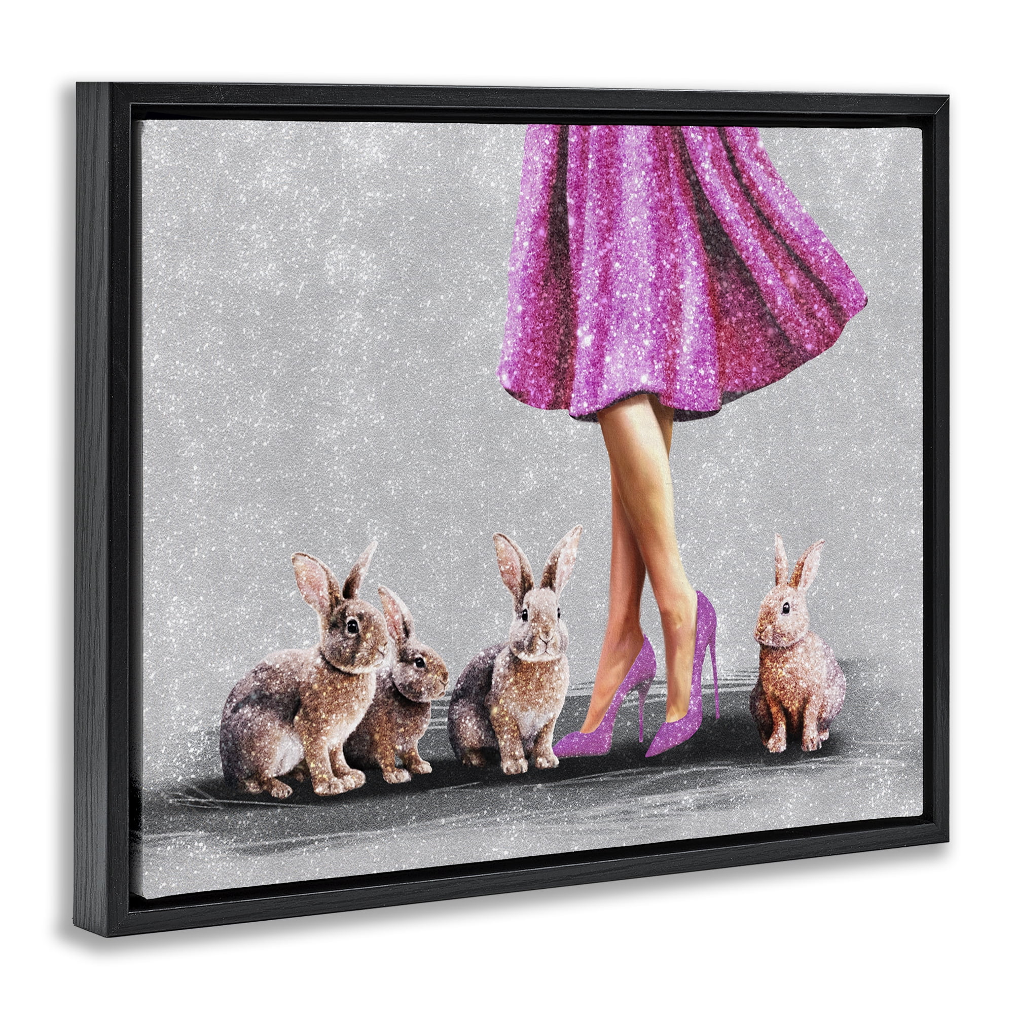 Stupell Industries Chic Woman with Rabbits People Painting Black Floater Framed Canvas Art Print Wall Art, 21 x 17
