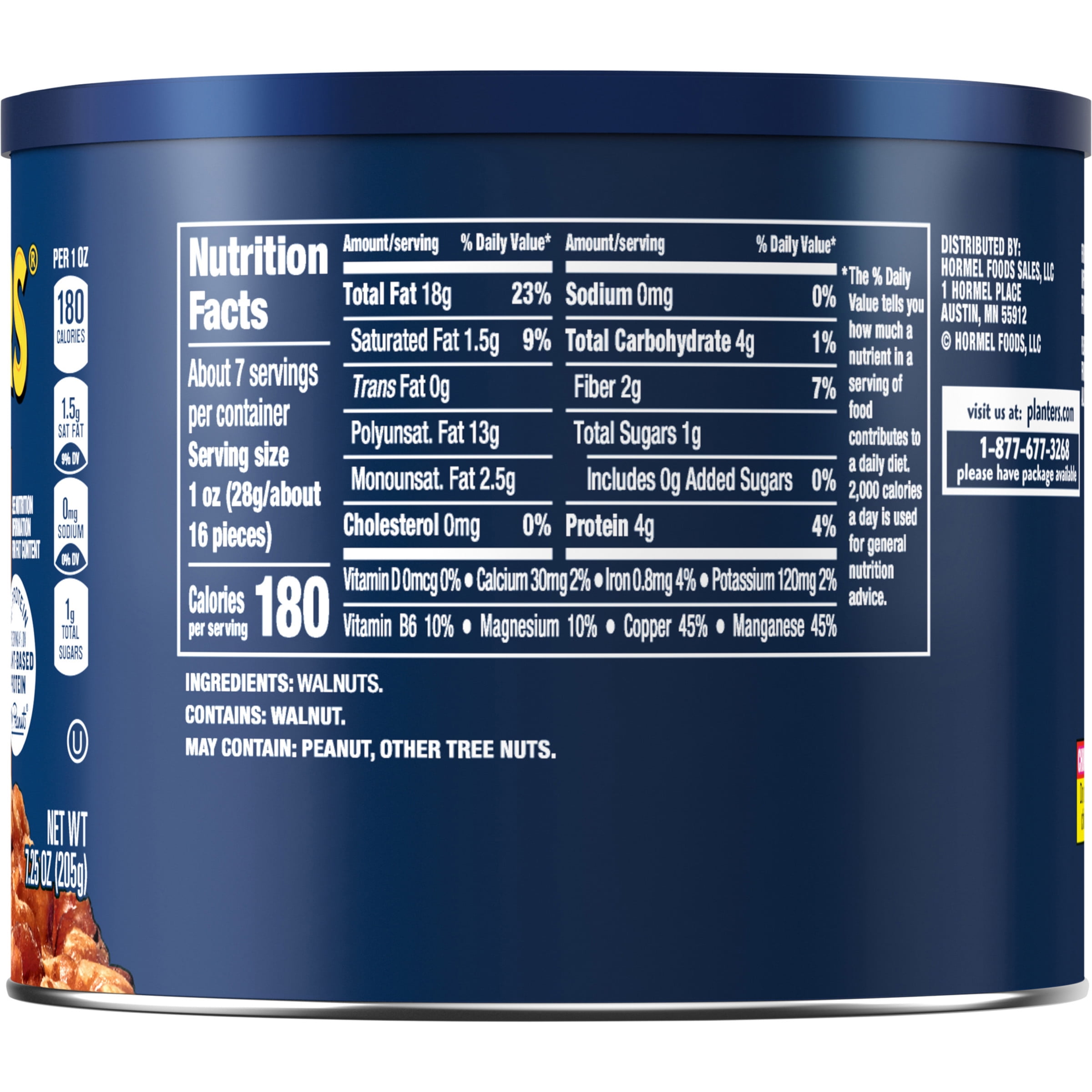 PLANTERS Walnuts, Snack Nuts Whole, Kosher, Plant Based Protein, 7.25 oz Canister