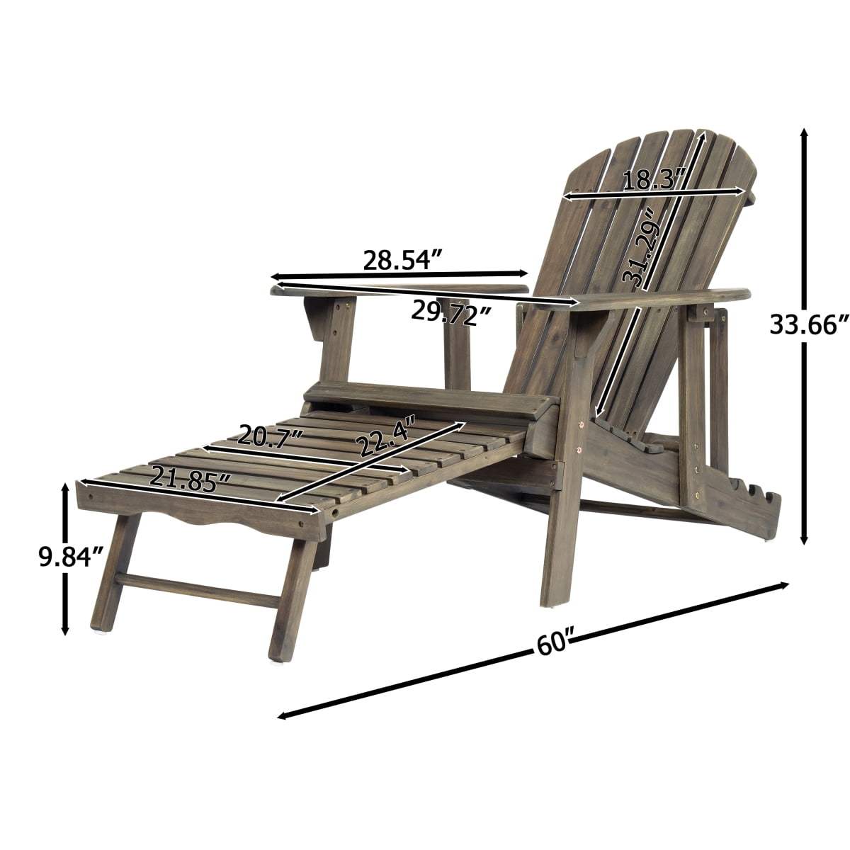 Adirondack Chair Malibu Gray with Extendable Leg Rest Acacia Wood