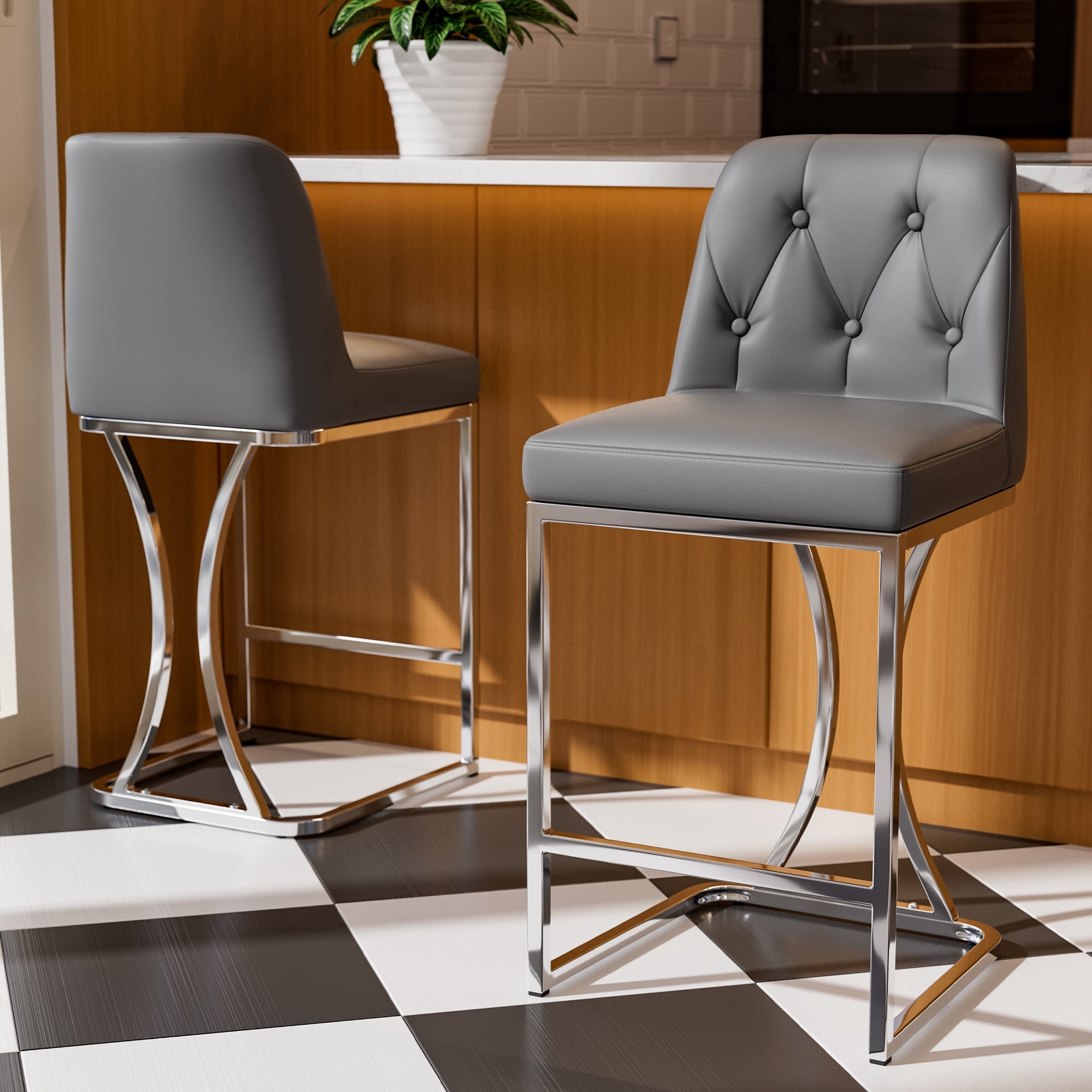 Ninecer 24" Counter Height Bar Stools Set of 2, PU Leather Counter Stool Chairs with Full Back for Kitchen Island, Gray