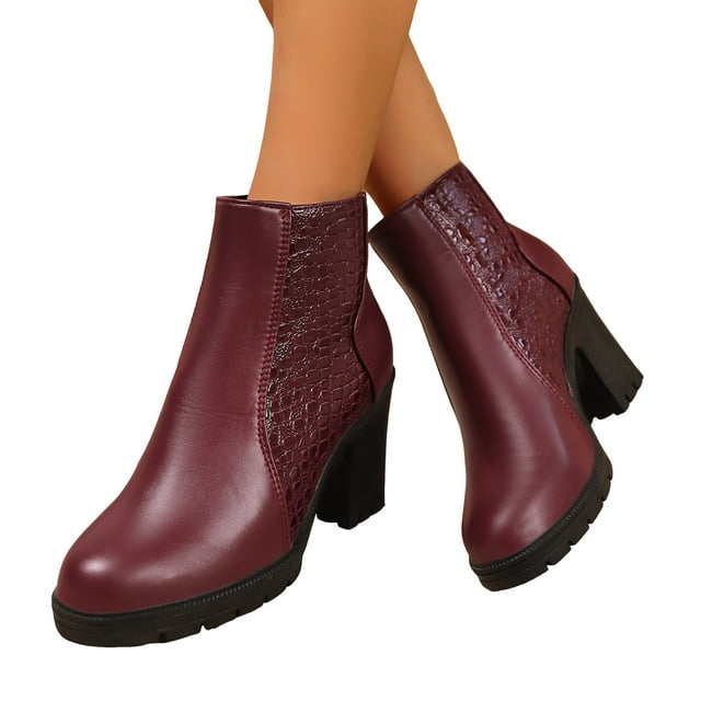 Leozcaa Women's Ankle Boots Square Toe Back Zipper Chunky Block Heel Mid Calf Low Heeled Short Booties