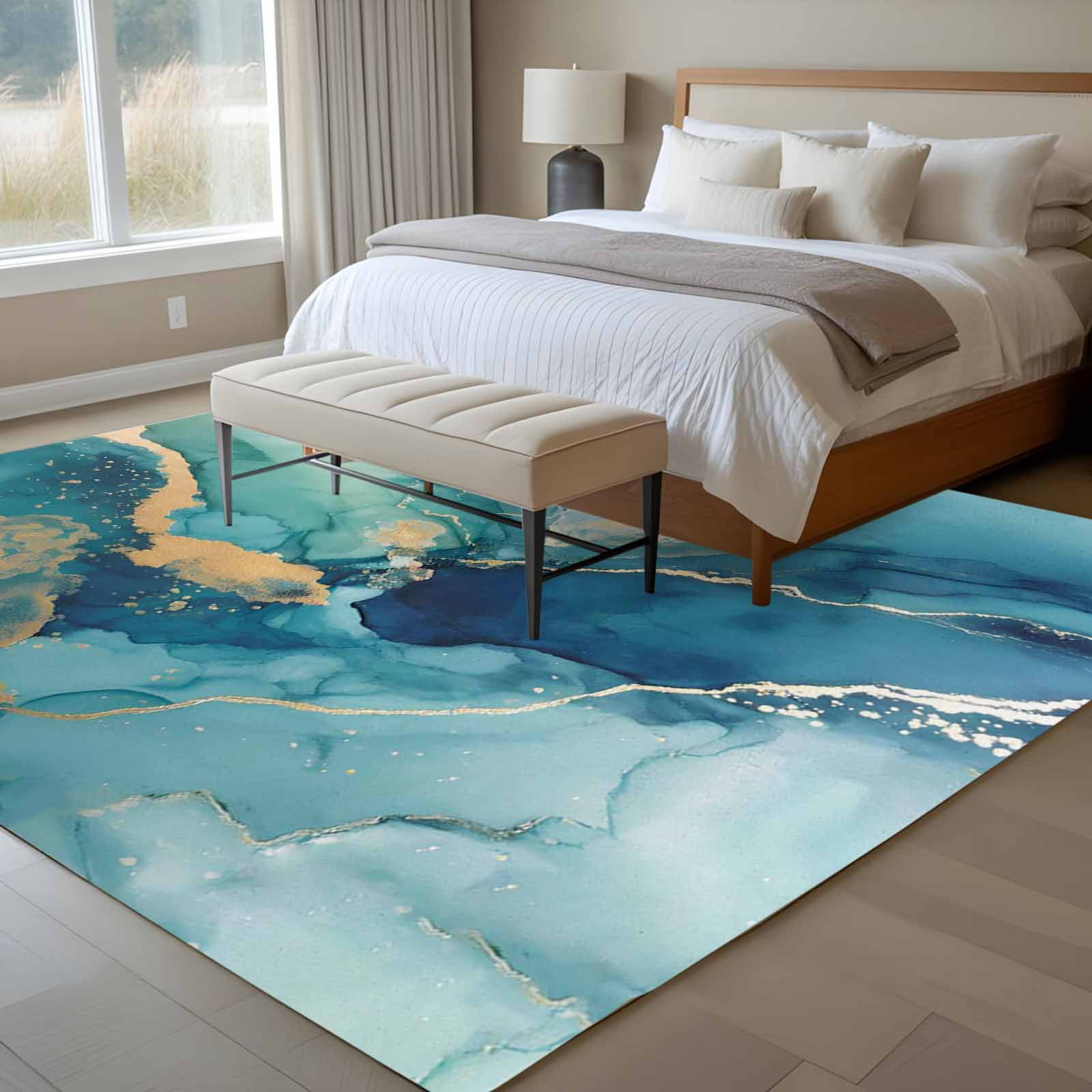 Area Rug for Living Room, Turquoise Marble Non-Slip Indoor Large Carpet for Bedroom/Dining Room, Modern Abstract Art Ombre Blue Washable Low-Profile Rectangle Floor Runner Rugs - 6 x 9 Ft
