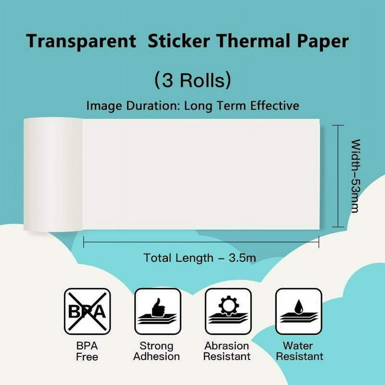 Adhesive Thermal Paper, Clear Printer Paper Compatible with T02/M02X/M02L  Mini Printer, Transparent Thermal Paper, 50mmx3.5m, 3 Rolls