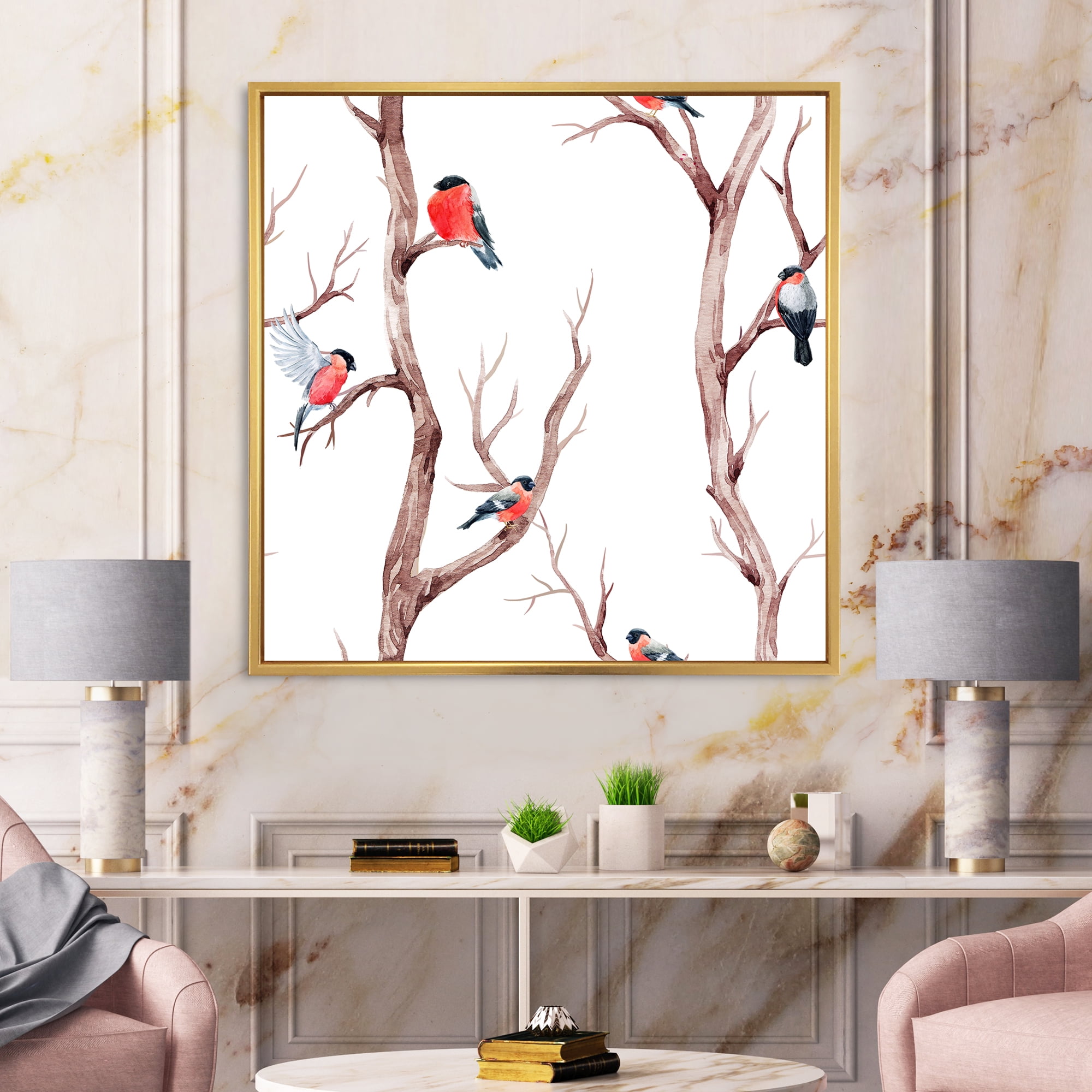 Little Birds Sitting On The Tree Branches III 16 in x 16 in Framed Painting Canvas Art Print, by Designart