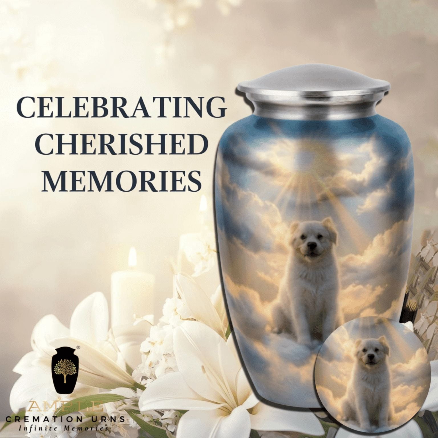 Dog Urn for Ashes Large Heaven Theme Pet Memorial Aluminum Cremation Urn Secure Lid 10 INCH