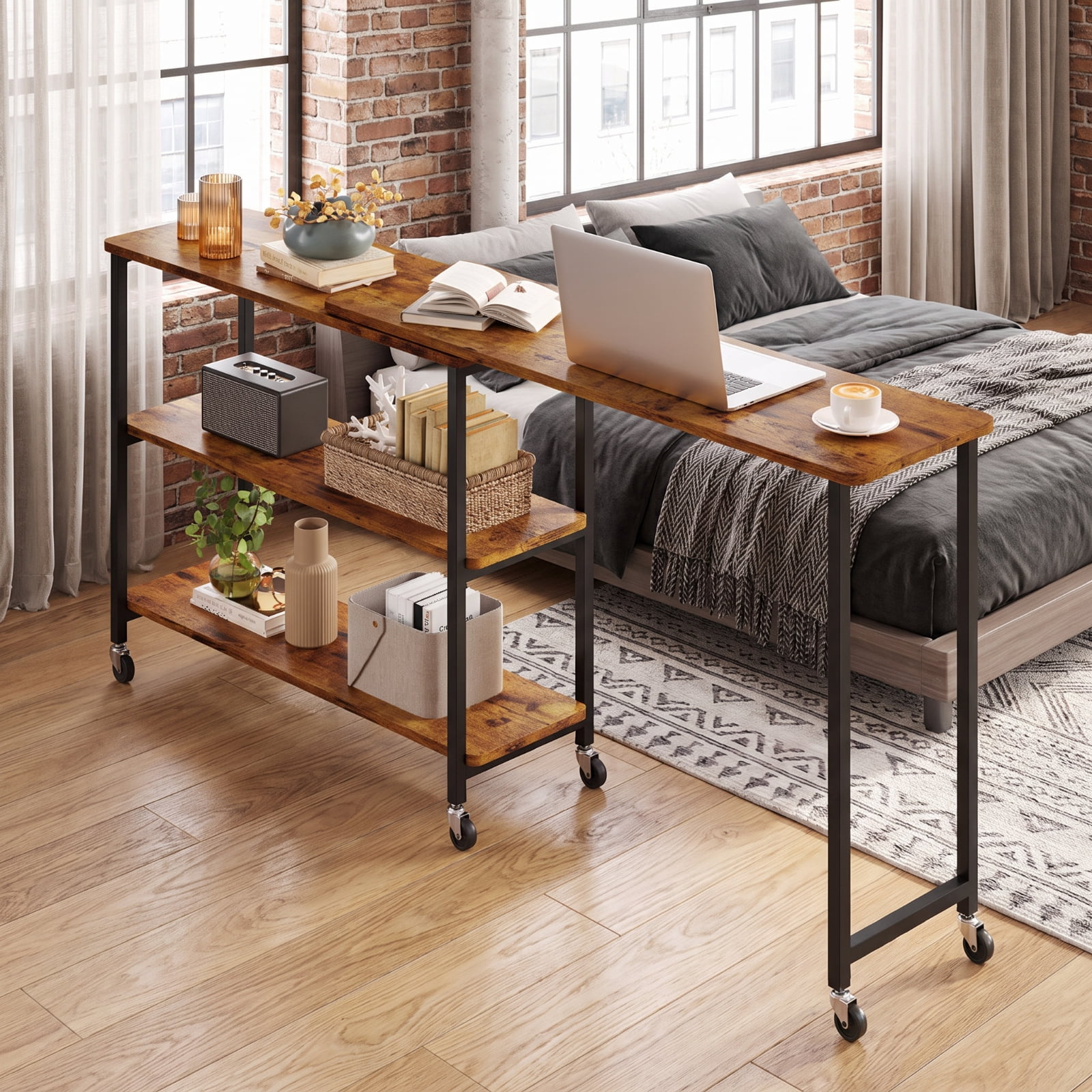 Furnibear Large 360 Degree Rotating Sofa Side Table with Lockable Wheels and Two Tier Storage Shelf for Living Room Office and Entryway, Brown