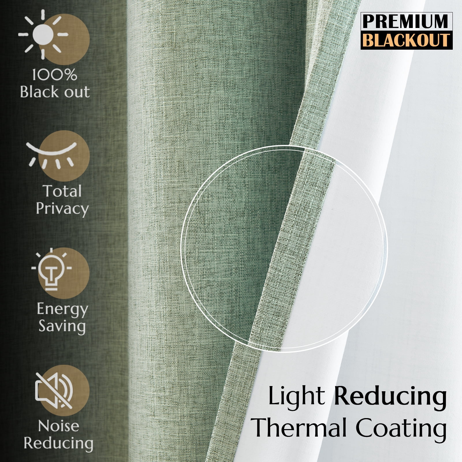 Curtainking Room Darkening Curtains for Bedroom, 63 Inch Length Linen Textured Drapes for Living Room, Thermal Insulated Light Blocking Curtains, Grommet Top Window Treatments 2 Panels, Green