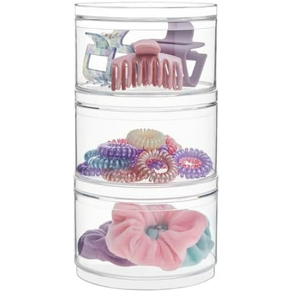 Bella Stackable Clear Plastic Container (Set of 3) Round Vanity Storage Organizers with Lids for Hair Accessories & Beauty Supplies | Made in USA