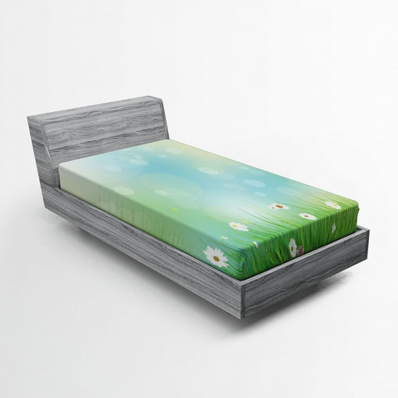 Ambesonne Floral Fitted Sheet, Spring Nature Field, Twin XL Size, Green Blue