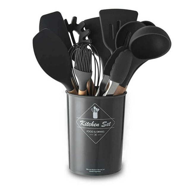 Utensilios de cocina de silicona con mango de madera de colores para el hogar, juego de 11 piezas, utensilios de cocina