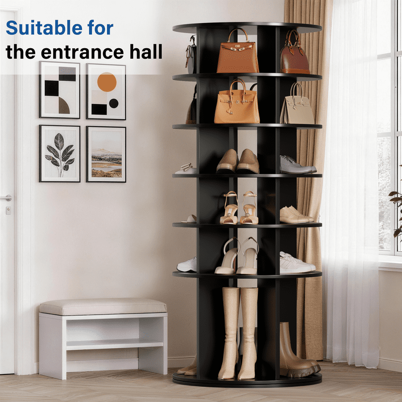 Vineego 6-Tier 360° Rotating Shoe Rack, Round Spinning Storage Organizer for Shoes, Boots & Accessories, Freestanding Tall Display Shelf for Entryway, Closet & Bedroom, Black Finish