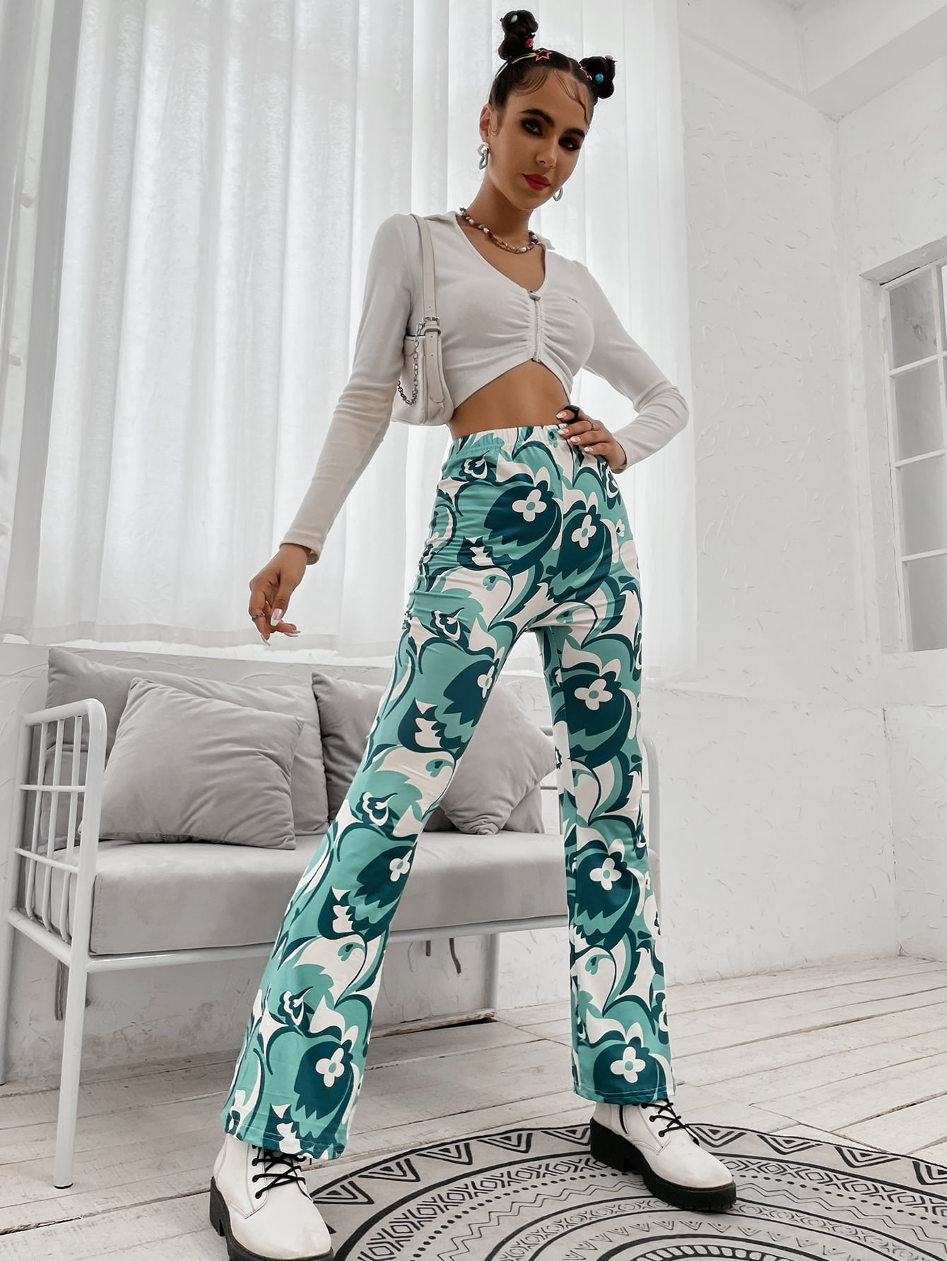 Women's Allover Floral Print Flare Leg 
