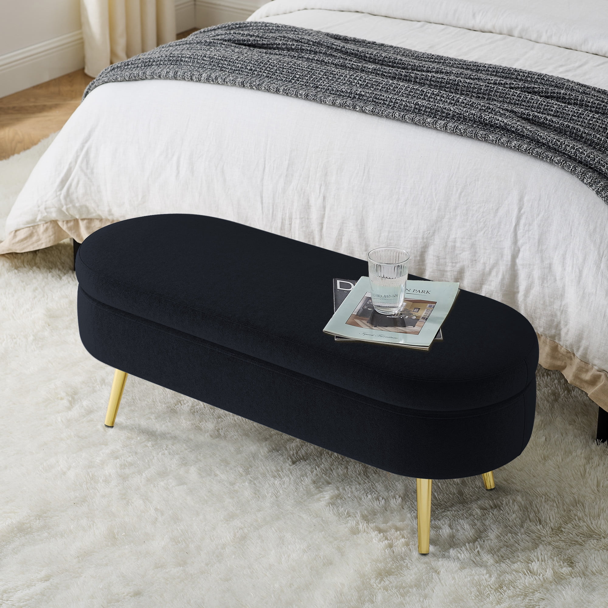 Oval Flannel Storage Ottoman Bench, Upholstered Footstool with Metal Legs, 43.5"x16"x16", 250lbs Capacity for Home Decor