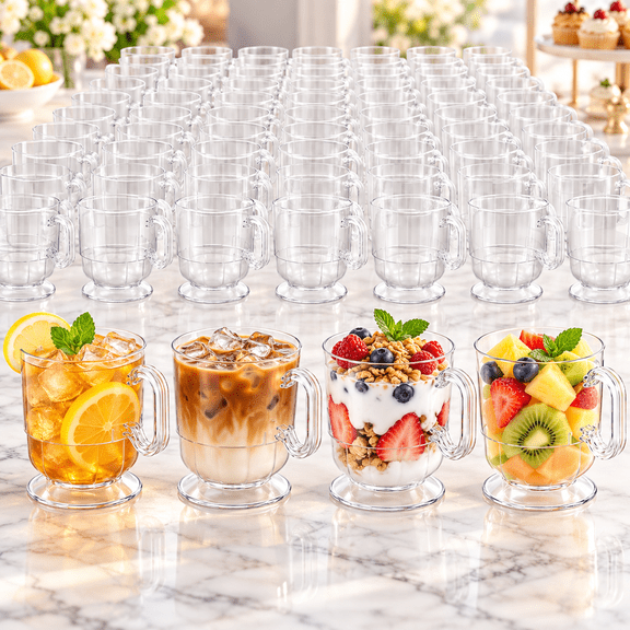 50 Pack 8 oz Clear Plastic Cups with Handles, Footed Dessert Cups for Coffee, Tea, Drinks, Parfaits, Parties, Weddings and Events