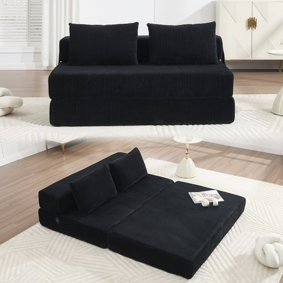MDAQMD Boneless Folding Sofa Bed Full Corduroy Convertible Sleeper Chair with 2 Pillows Corduroy Foldable Couch Bed Futon Floor Loveseat Couch for Living Room Apartment Small Spaces Black