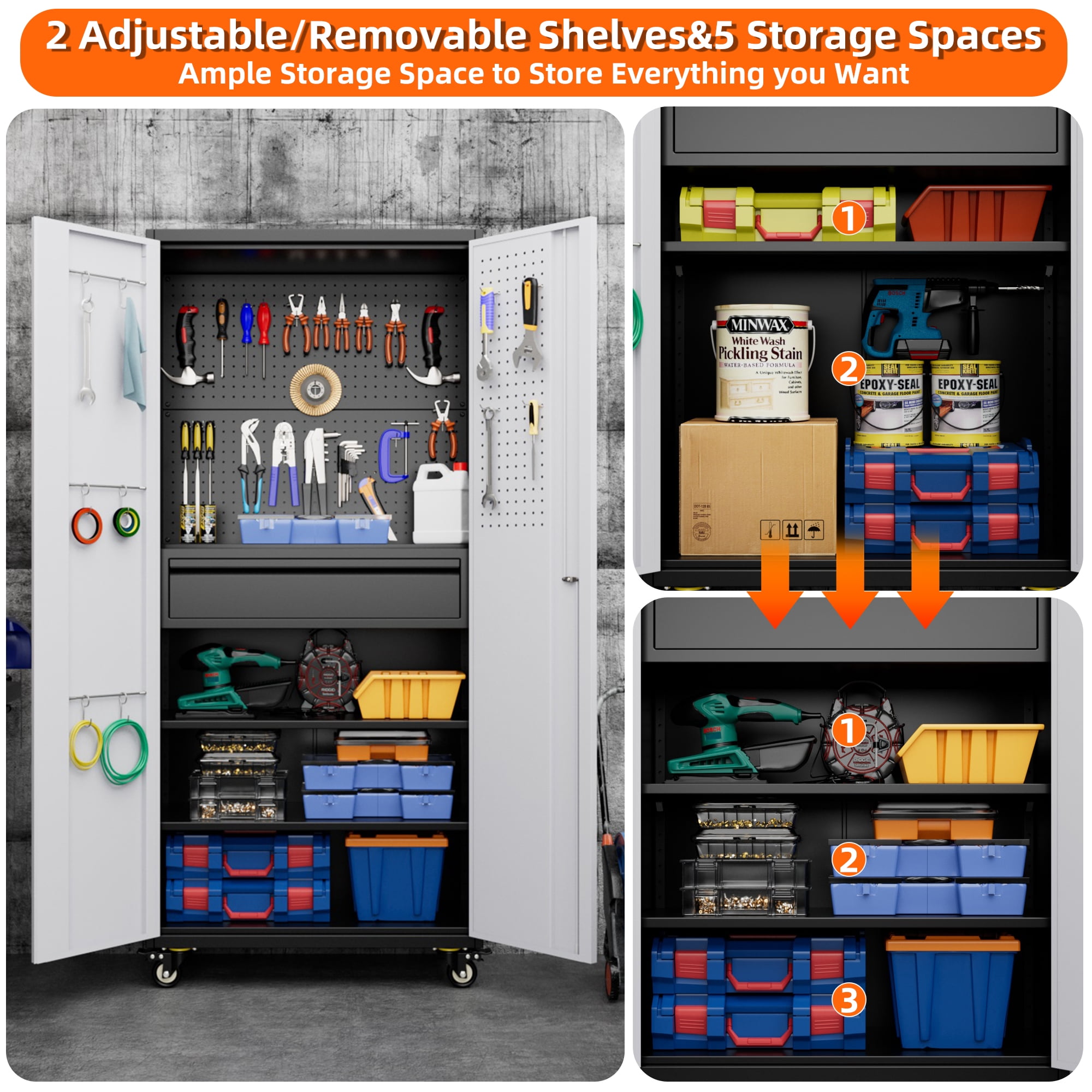 Aobabo 71" H Metal Garage Cabinet with Wheels with 5 Pegboards & 1 Drawer,Lockable Steel Tool Storage Cabinet for Garage,Home,Office,Warehouse,Assembly Required,Black+Gray