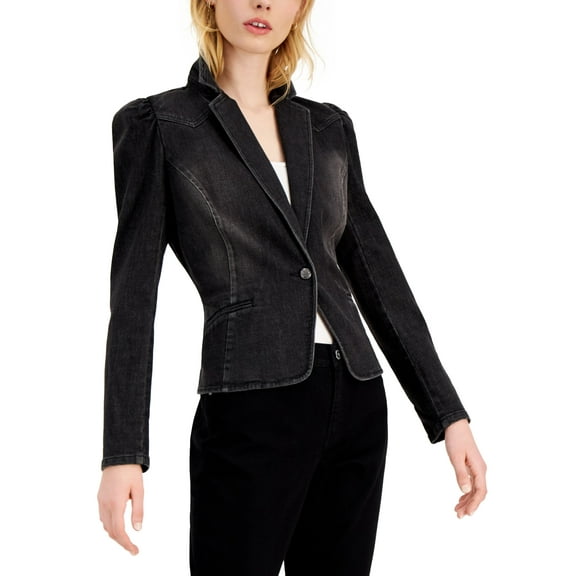 INC International Concepts Petite Puff Sleeve Denim Blazer Black Wash PM