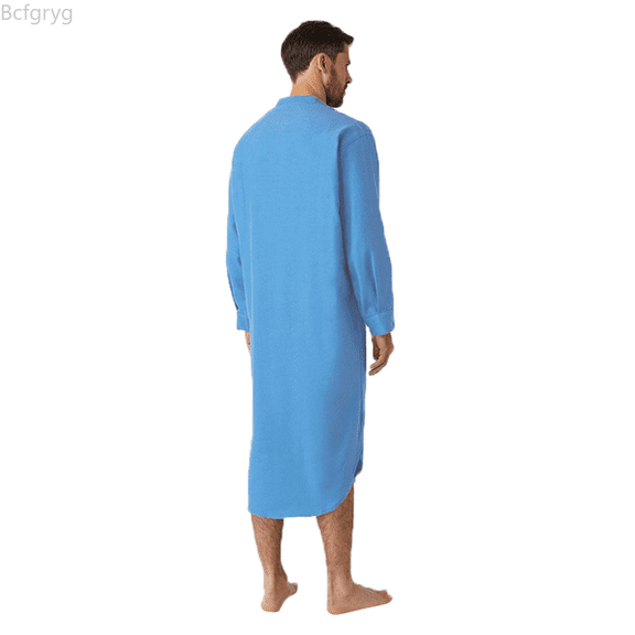 Bcfgryg Men's Long-Sleeved Button-Down Solid Color Printed Shirt Stylish Nightgown Big and Tall Shirts Blue L