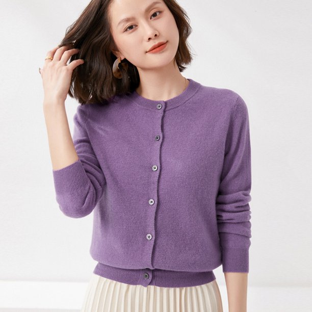 Cárdigan de punto de primavera para mujer, cárdigan de cuello redondo de color liso con diseño de botones para mujer, suéter de color liso para mujer