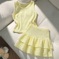 thumbnail image 4 of Y-Sunset Girls 2 Piece Smocked Textured Outfit, Sleeveless Crop Top and Tiered Ruffle Skirt Set, Casual Summer Kids Outfit(Yellow/8-9 Years), 4 of 9