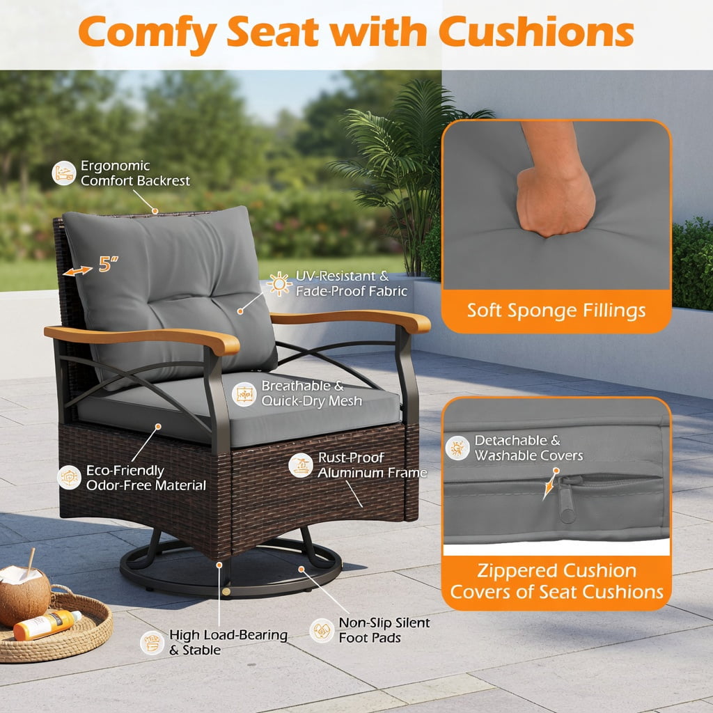Hommoo 3-Piece Outdoor Swivel Chair Set with Tempered Glass Side Table, Cushions, PE Rattan, Acacia Wood Armrests, Gray