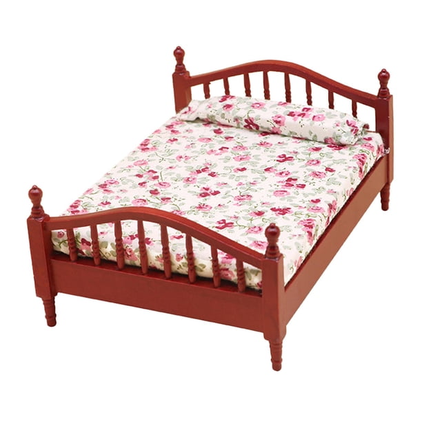 Mini cama 1/12, modelo de escena DIY, modelo de cama individual, accesorios de decoración para casa de muñecas rojo y rosa