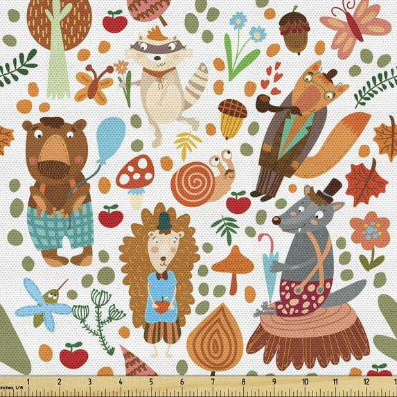 Colorful Fabric by the Yard, Forest Animals and Foliage Pattern with Fox Wolf Snail and Mosquito Cartoon Jungle, Decorative Upholstery Fabric for Chairs & Home Accents, Multicolor by Ambesonne