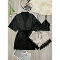 thumbnail image 5 of 3 Piece Simple Satin Pajama Set, Short Robe With Belt + Cami Top + Lace Trim Shorts, Women's Loungewear & Sleepwear, 5 of 5