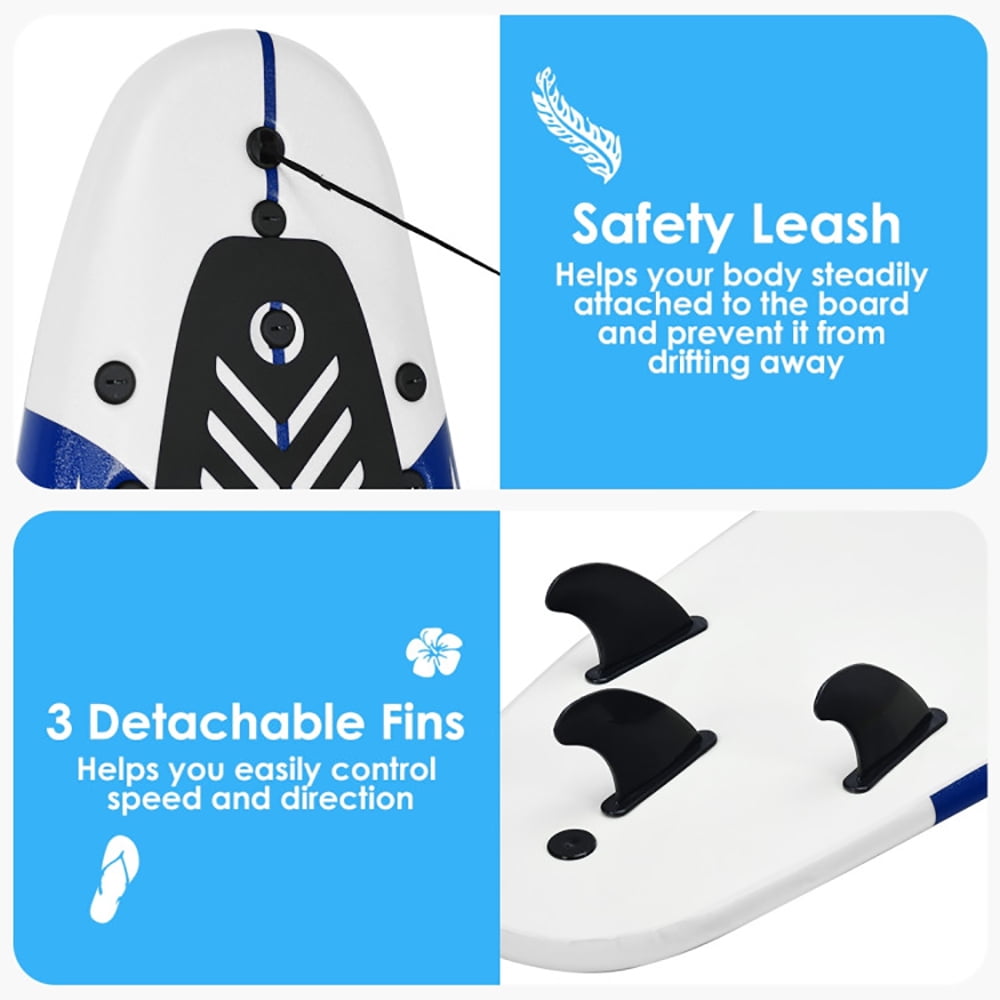Resenkos Surfboard,Stand Up Paddle Board, 6 Feet Surfboard with 3 Detachable Fins-White