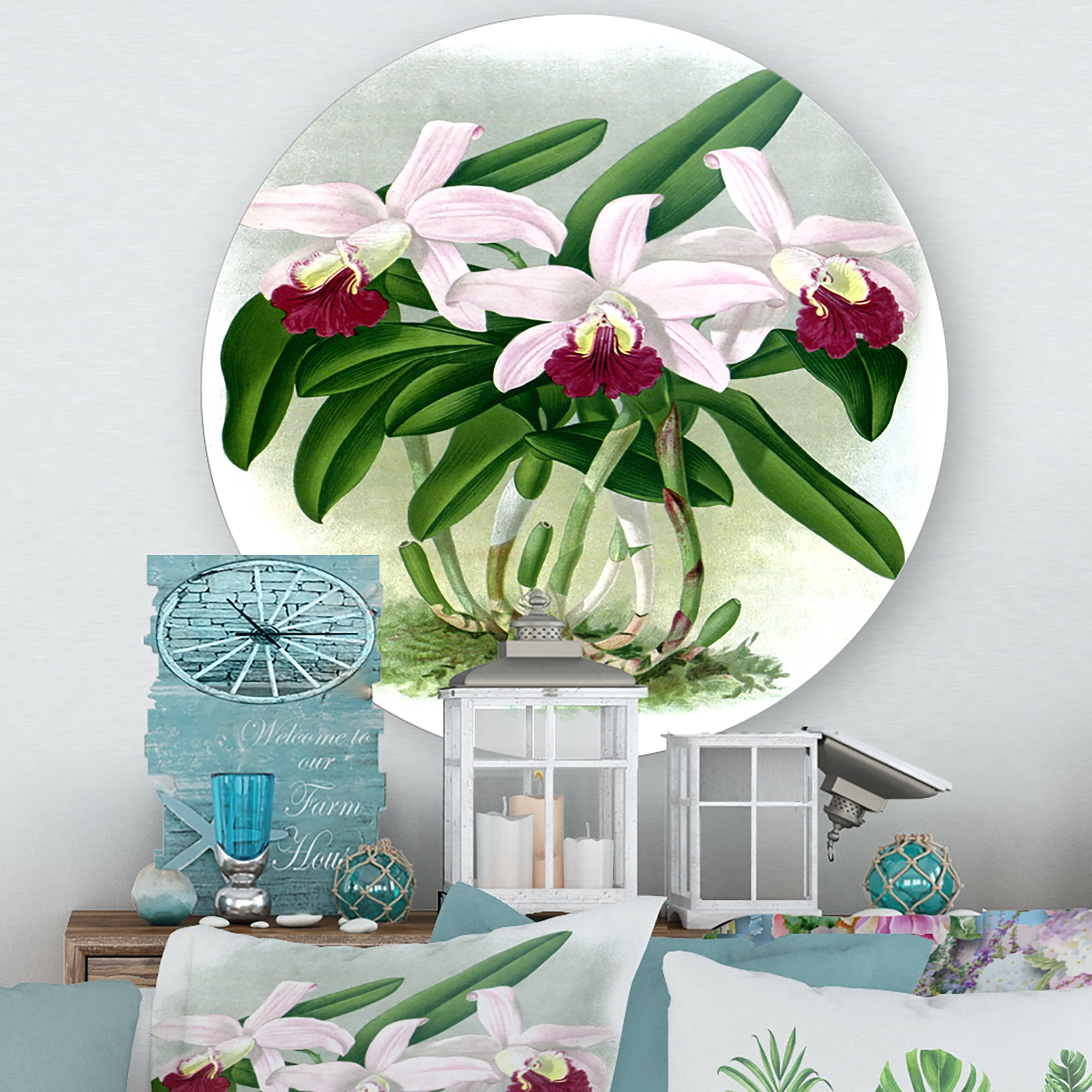 Designart 'White Vintage Orchid Flower I' Traditional Circle Metal Wall Art 11x11 - Disc of 11