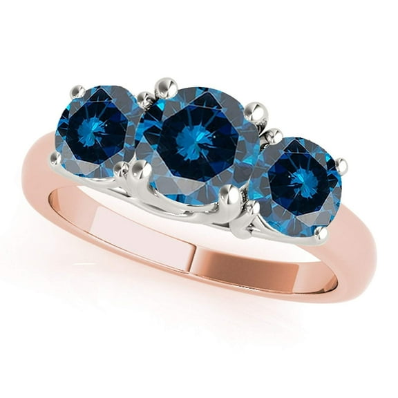 Mauli Jewels Engagement Rings for Women 1 Carat 3 Stone Two-Tone Blue Diamond Engagement Ring 4 Prong-Setting 14K Rose & White Gold
