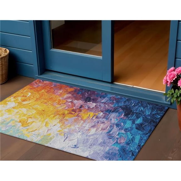 HomeRoots 617353 3 x 5 ft. Gold Yellow & Teal Blue Abstract Washable Indoor & Outdoor Rectangle Area Rug