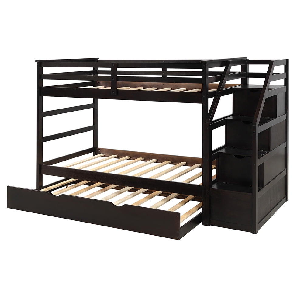 94.4" Twin Bunk Bedd with Trundle and 3 Storage Stairs-Espresso