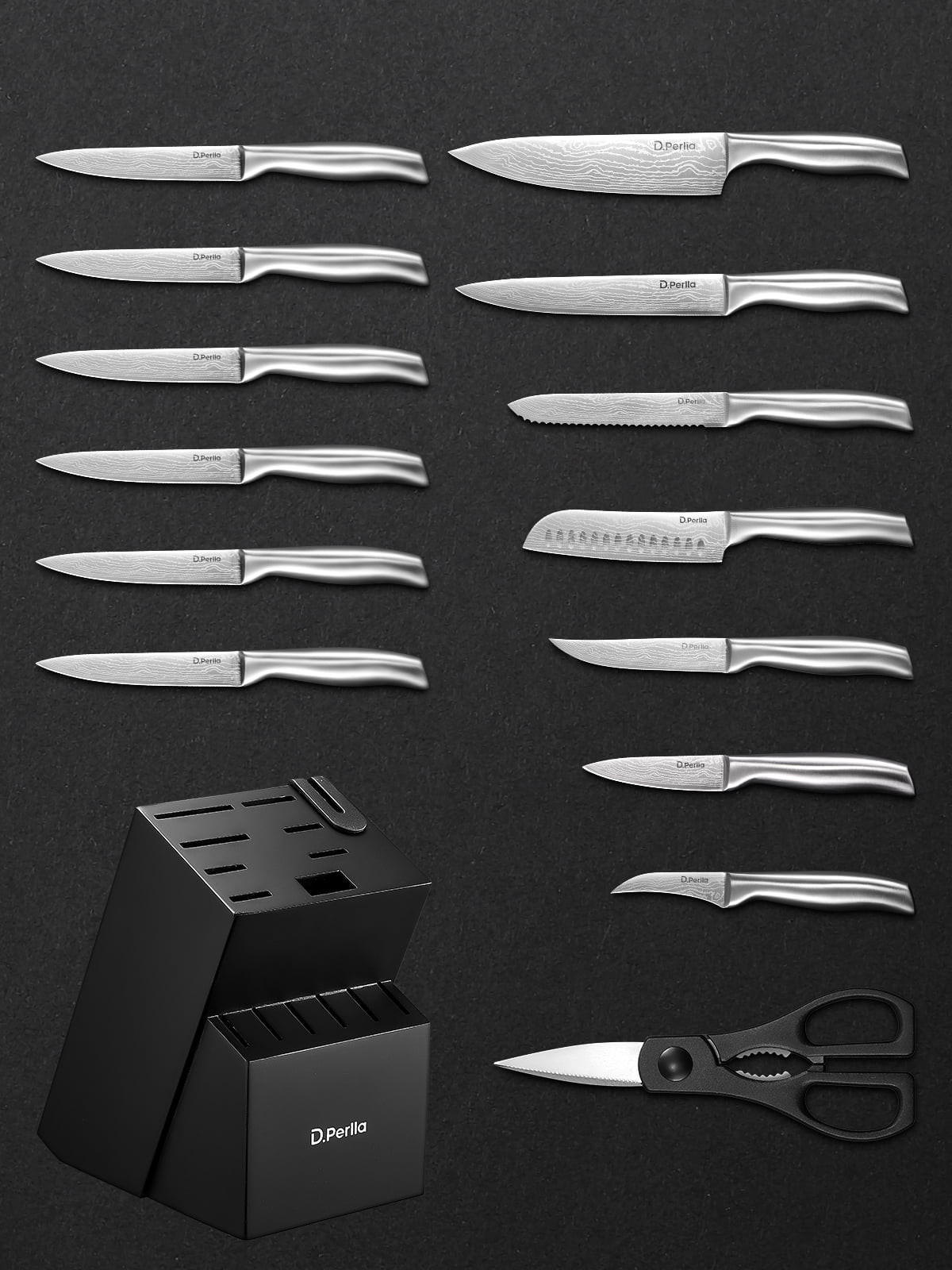 D.Perlla Knife Set , 15 Pieces Stainless Steel Hollow Handle Kitchen Cutlery Set with with Built in Knife Sharpener Block
