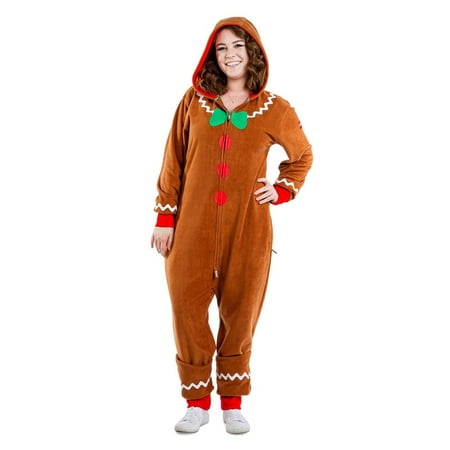 

Licupiee Christmas Costume Gingerbread Jumpsuit Soft Long Sleeve Zip-Up Hoodie Pajamas for Men Women Party Role-playing Cosplay