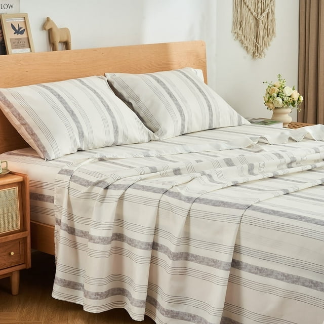 Gogreen Juego de Sábanas Completas de 4 Pzas con Bolsillo Profundo para 14", Juego de Sábanas de Microfibra Transpirable Súper Suave de Tamaño Completo, Juego de Decoración Del Hogar - Rayas Grises
