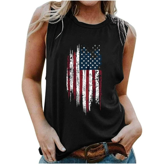Cleaning Womens 4Th of July Summer Sleeveless Shirts Pullover Sweater Blouses American Flag Printed Tank Tops Round Neck Camis Slim Fitted Tee Patriotic Shirts Beach Holiday Clothing